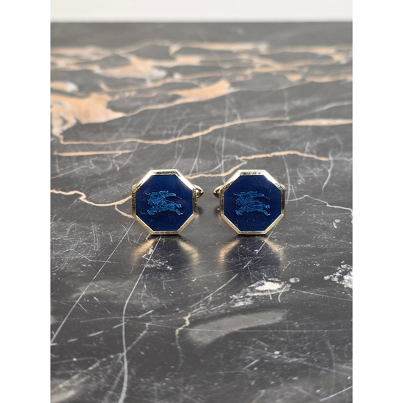 VTG Burberrys RARE Octagon Cufflinks - Blue Enamel & Gold Equestrian Knight - Picture 2 of 7